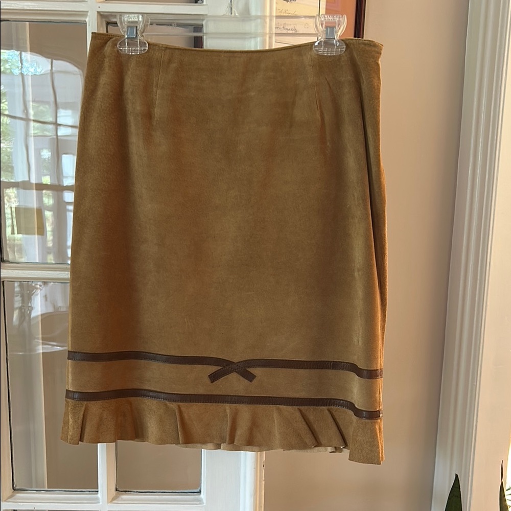 Searle Tan suede Pencil Skirt with Ruffled Hem for Work